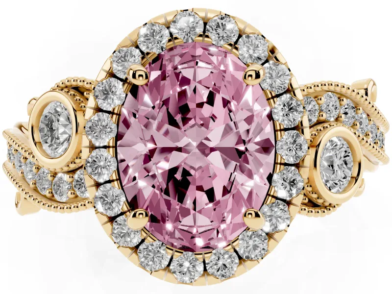 Fancy Pink Oval Cut Diamond Halo Ring Set in Yellow gold with Milgrain Pavé Band and Prong Setting