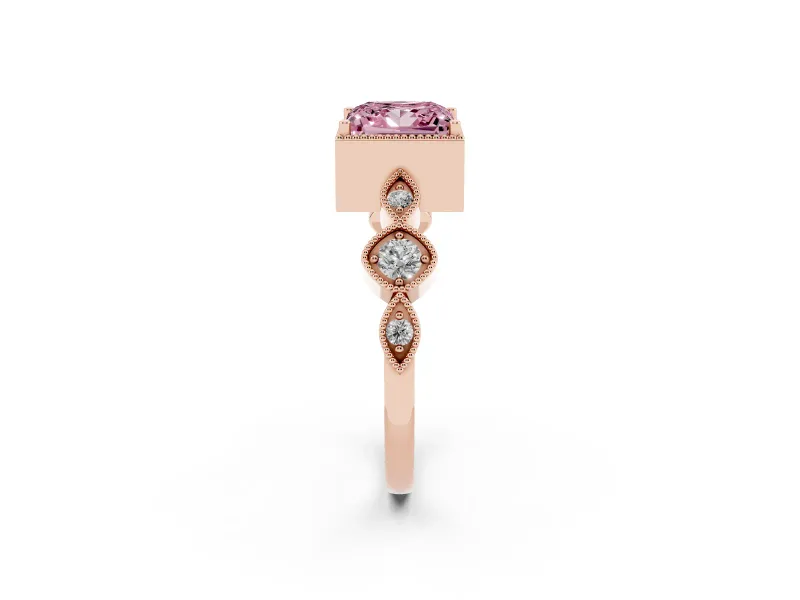 Fancy Pink Princess Cut Diamond Vintage-Inspired Milgrain Ring Set in Rose gold with Marquise Stations of Round Accents