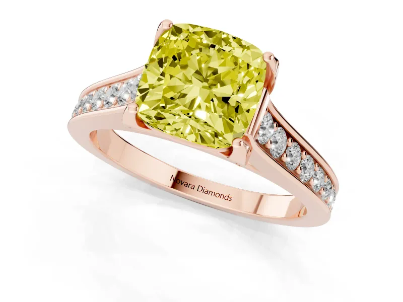 Cushion Cut Graduated Pavé Engagement Ring Setting for a Fancy Yellow Lab-Grown Diamond | Rose Gold