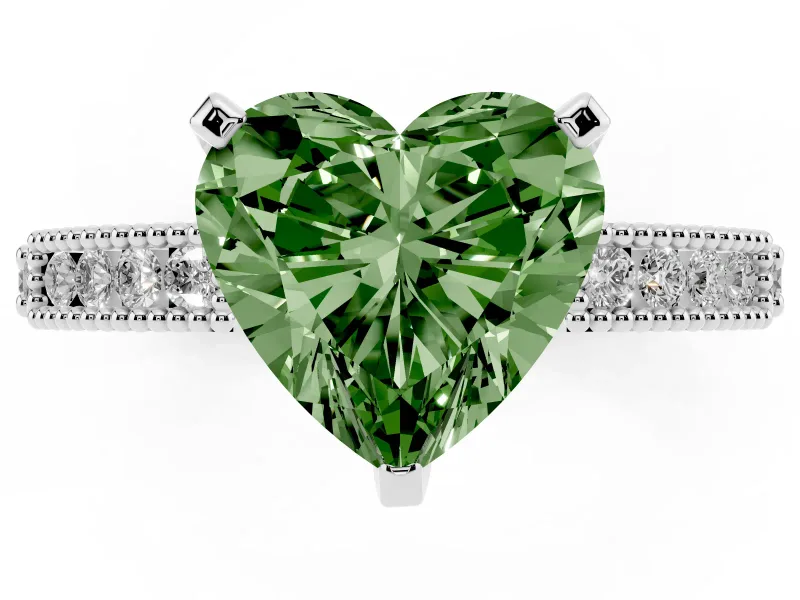 Fancy Green Heart Cut Diamond Solitaire Ring Set in Silver with Slim Pavé Band and Prong Setting