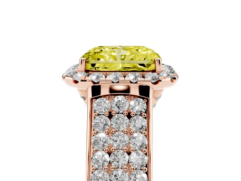 Radiant Cut Pavé Engagement Ring Setting for a Fancy Yellow Lab-Grown Diamond | Wide Three-Row Band | Rose Gold