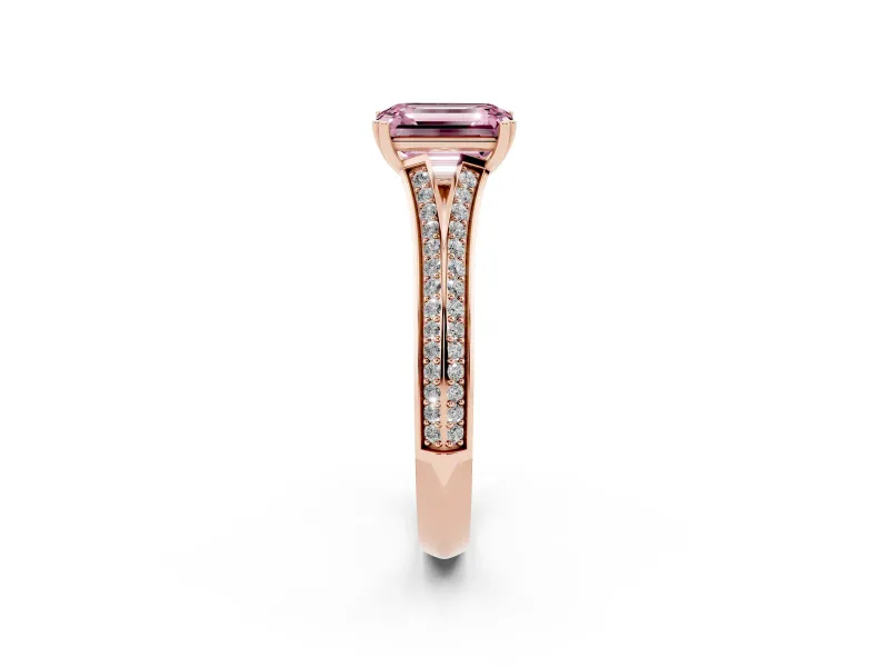 Emerald Cut Pave Split Shank Engagement Ring Setting for a Fancy Pink Lab-Grown Diamond | Double Claw Prongs | Rose Gold