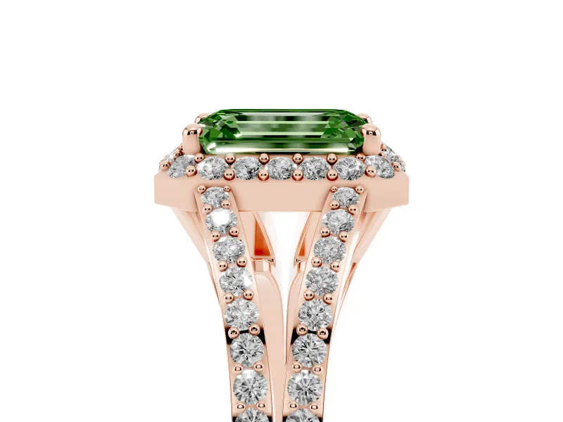 Fancy Green Emerald Cut Diamond Halo Split Shank Pavé Ring Set in Rose gold with Prong Setting