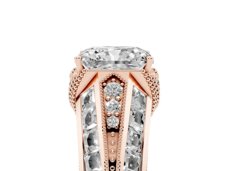 Radiant Cut Diamond Vintage-Inspired Milgrain Ring Set in Rose gold with Accent Split Shank