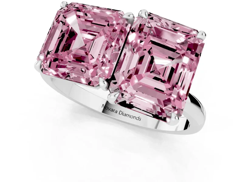 Fancy Pink Asscher Cut and Emerald Cut Toi Moi Ring Set in Silver with Prong Setting