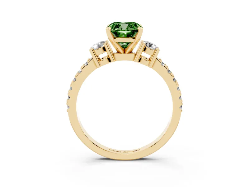 Cushion Cut Three Stone Engagement Ring Setting for a Fancy Green Lab-Grown Diamond | Pavé Band | Yellow Gold
