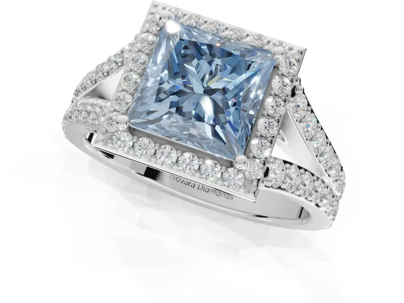 Princess Cut Halo Pavé Engagement Ring Setting for a Fancy Blue Lab-Grown Diamond | Narrow Split Shank | White Gold