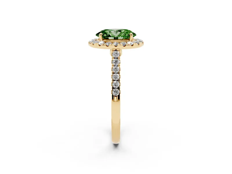 Oval Halo Engagement Ring Setting for a Fancy Green Lab-Grown Diamond | Pave Shoulders | Yellow Gold