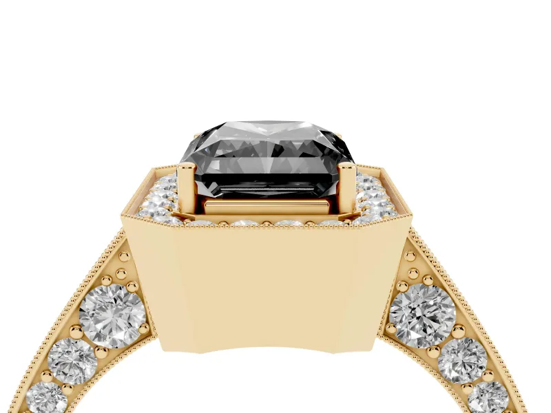 Radiant Cut Milgrain Halo Engagement Ring Setting for a Black Center | Side Stones | Yellow Gold