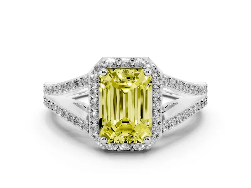Fancy Yellow Emerald Cut Diamond Halo Split Shank Pavé Ring Set in Platinum with Prong Setting