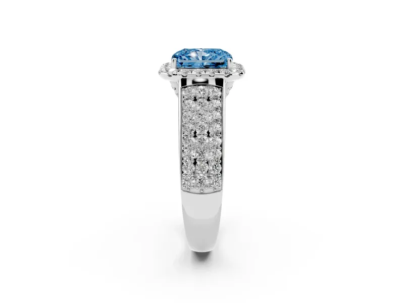 Radiant Cut Pavé Engagement Ring Setting for a Fancy Blue Lab-Grown Diamond | Wide Three-Row Band | White Gold