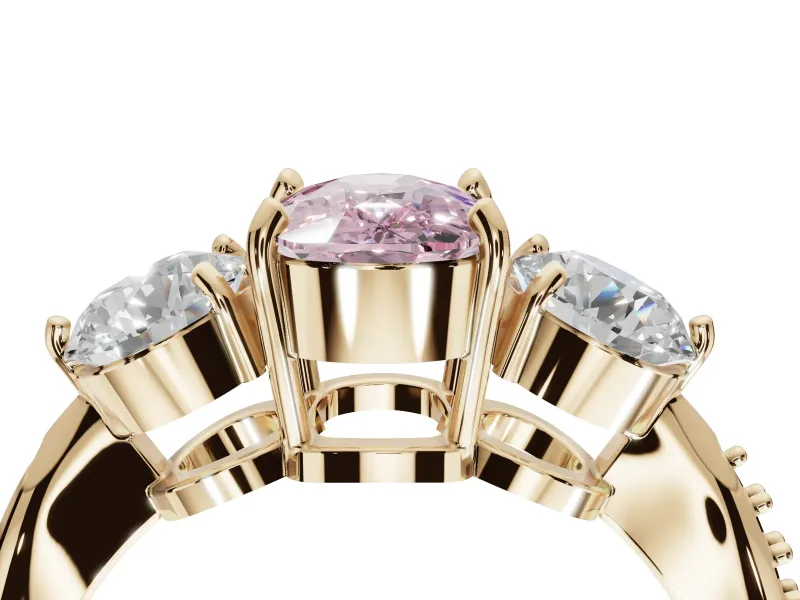 Cushion Cut Three Stone Engagement Ring Setting for a Fancy Pink Lab-Grown Diamond | Tapered Pave Band | Yellow Gold
