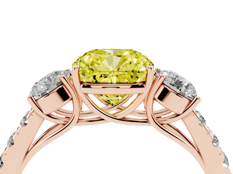 Cushion Cut Engagement Ring Setting for a Fancy Yellow Lab-Grown Diamond | Three Stone | Rose Gold