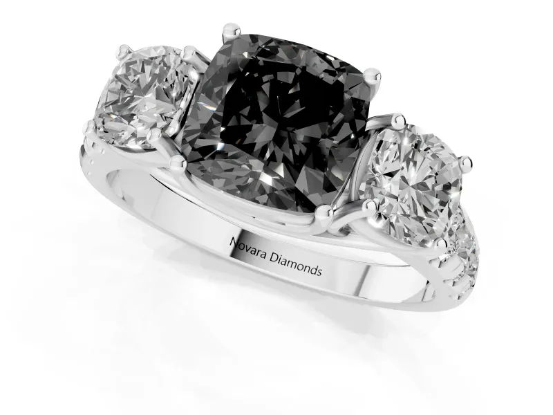 Fancy Black Cushion Cut Diamond Three-Stone Ring Set in Silver with Pavé Band