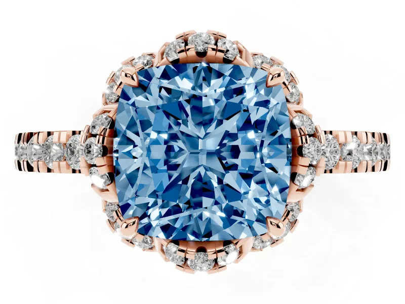 Fancy Blue Cushion Cut Diamond Halo Pavé Band Ring Set in Rose gold with Prong-Held Center