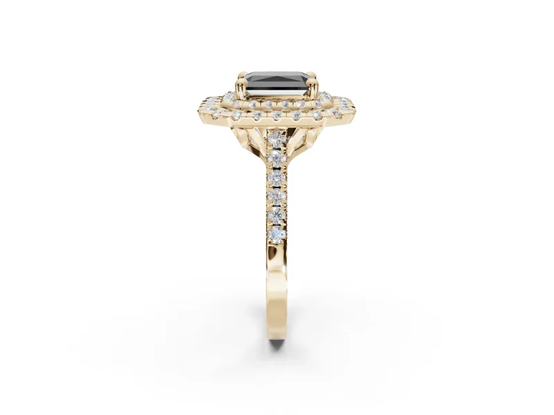 Fancy Black Radiant Cut Lab-Grown Diamond Double Halo Statement Ring Set in Yellow Gold with Pavé Band
