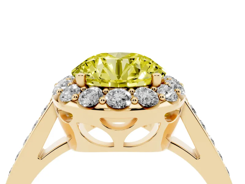 Fancy Yellow Round Cut Diamond Floral Halo Ring Set in Yellow gold with Pavé Band and Prong Setting