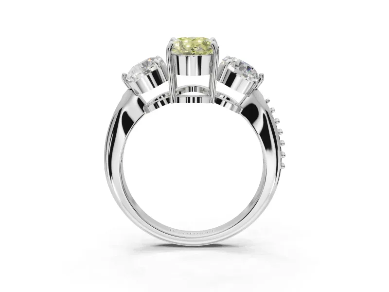 Oval Three Stone Engagement Ring Setting for a Fancy Yellow Lab-Grown Diamond | Tapered Pave Band | Platinum