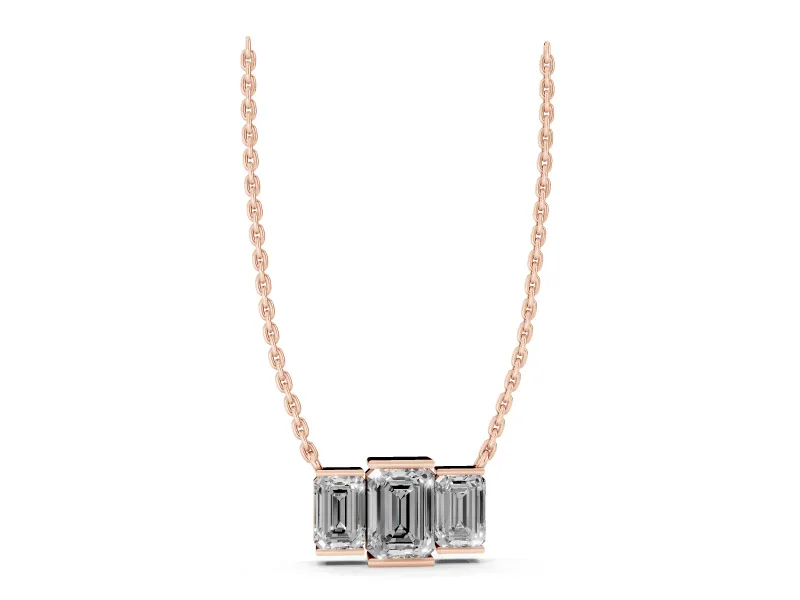 Emerald Cut Lab-Grown Diamond Three-Stone Bar Pendant Necklace | Bar Prong Ends | Rose Gold