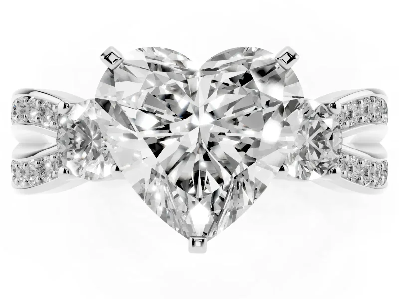 Three-Stone Heart Cut Diamond Twist Band Ring Set in Platinum with Pavé Accents and Prong Setting