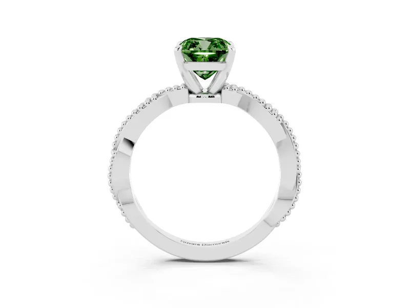 Fancy Green Cushion Cut Diamond Solitaire Ring Set in Platinum with Twisted Band and Bead Prong Setting
