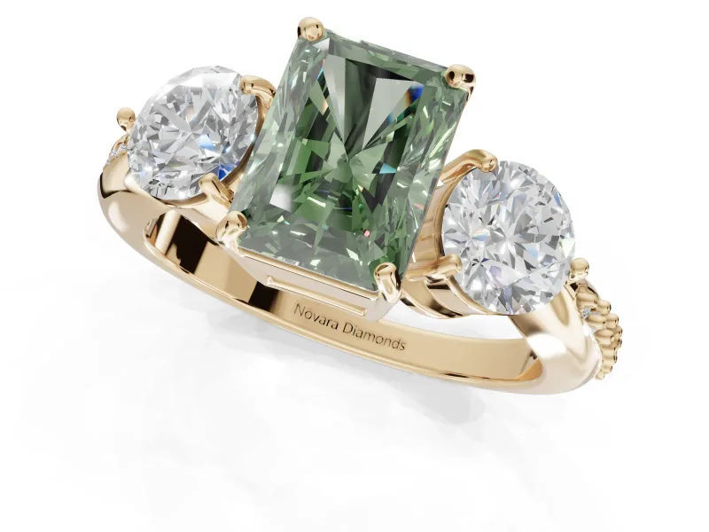 Radiant Cut Three Stone Engagement Ring Setting for a Fancy Green Lab-Grown Diamond | Tapered Pave Band | Yellow Gold