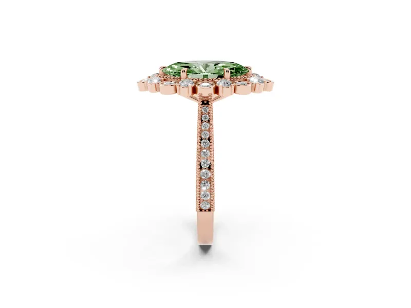 Fancy Green Marquise Cut Diamond Halo Milgrain Pavé Ring Set in Rose gold with Prong Setting