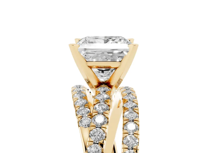 Princess Cut Diamond Solitaire Twist Band Ring Set in Yellow gold with Pavé Setting and Prong Head