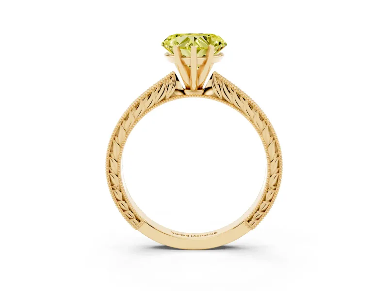 Fancy Yellow Heart Cut Diamond Solitaire Milgrain Engraved Band Set in Yellow gold with Prong Setting