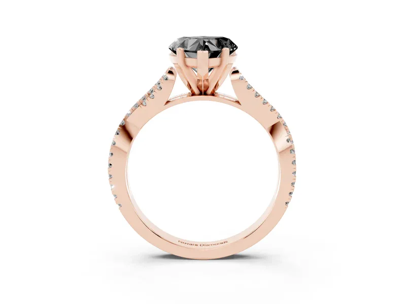 Fancy Black Heart Cut Diamond Solitaire Engagement Ring Set in Rose gold with Twisted Pavé Band and Prong Setting