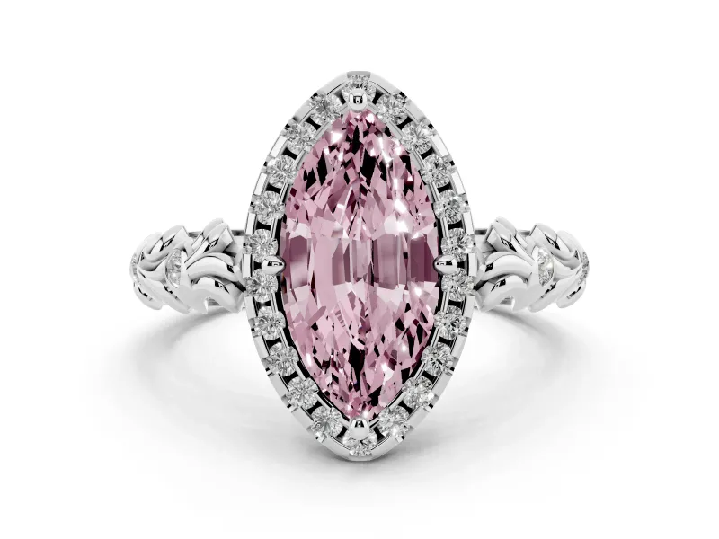 Fancy Pink Marquise Cut Diamond Halo Ring Set in Platinum with Filigree Leaf Band and Prong Setting