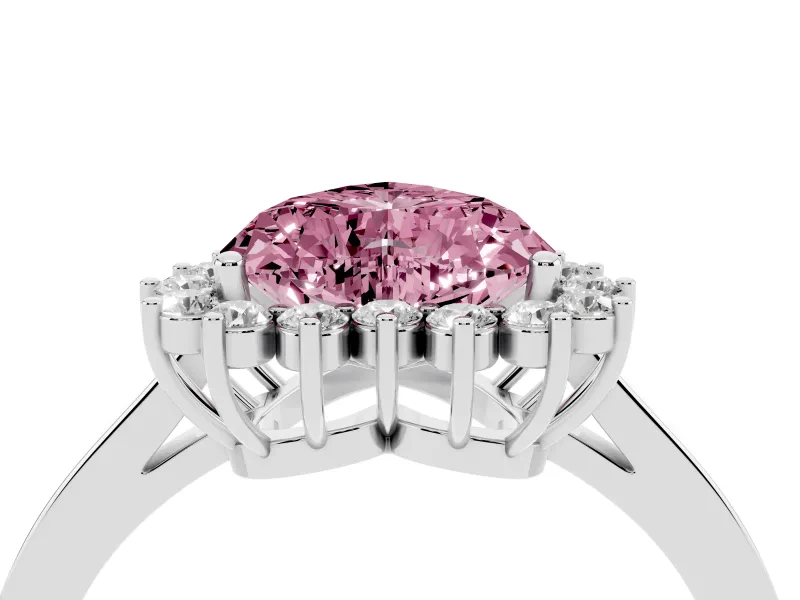 Fancy Pink Heart Cut Diamond Halo Ring Set in Silver with Round Halo and Smooth Solitaire Band