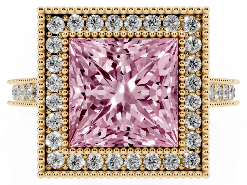 Princess Cut Vintage Milgrain Halo Engagement Ring Setting for a Fancy Pink Lab-Grown Diamond | Bezel Head | Yellow Gold