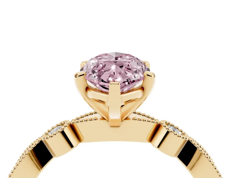 Fancy Pink Marquise Cut Diamond Solitaire Engagement Ring Set in Yellow gold with Milgrain Bezel Accent Band