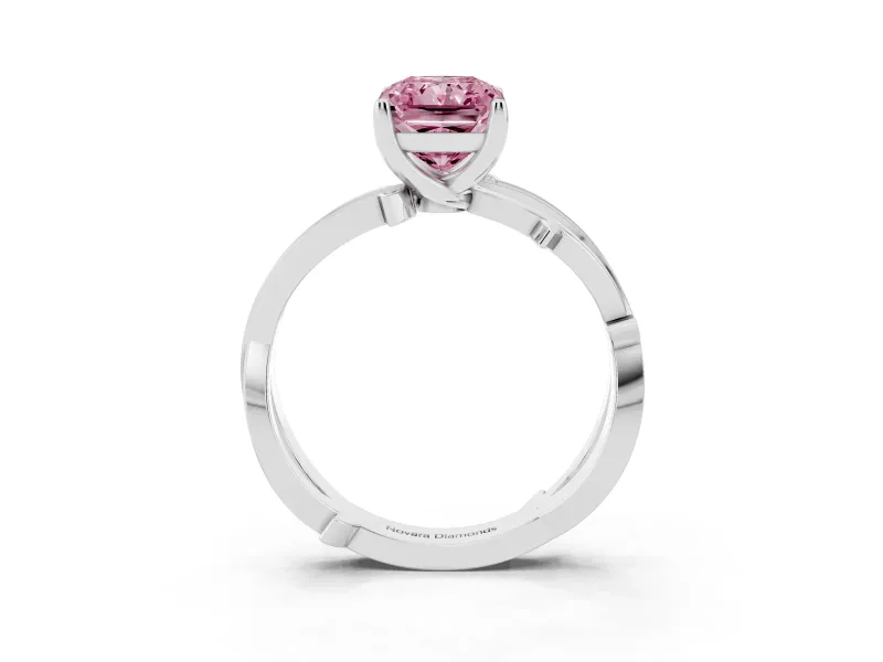 Fancy Pink Radiant Cut Diamond Pavé Twist Band Solitaire Ring Set in White gold with Prong Setting