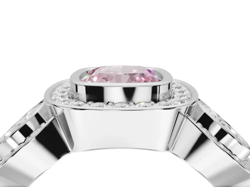 Cushion Cut Three Stone Halo Engagement Ring Setting for a Fancy Pink Lab-Grown Diamond | Platinum