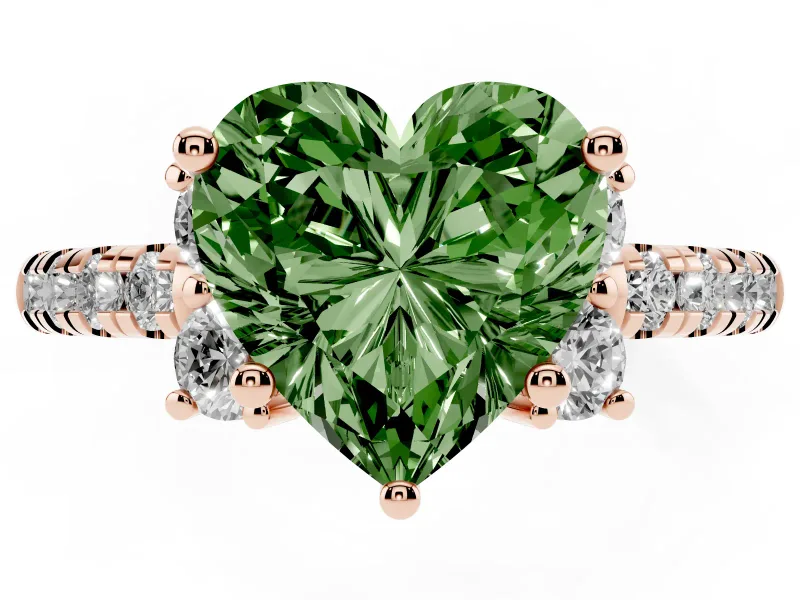 Heart-Shaped Side Stone Engagement Ring Setting for a Fancy Green Lab-Grown Diamond | Pave Band | Rose Gold