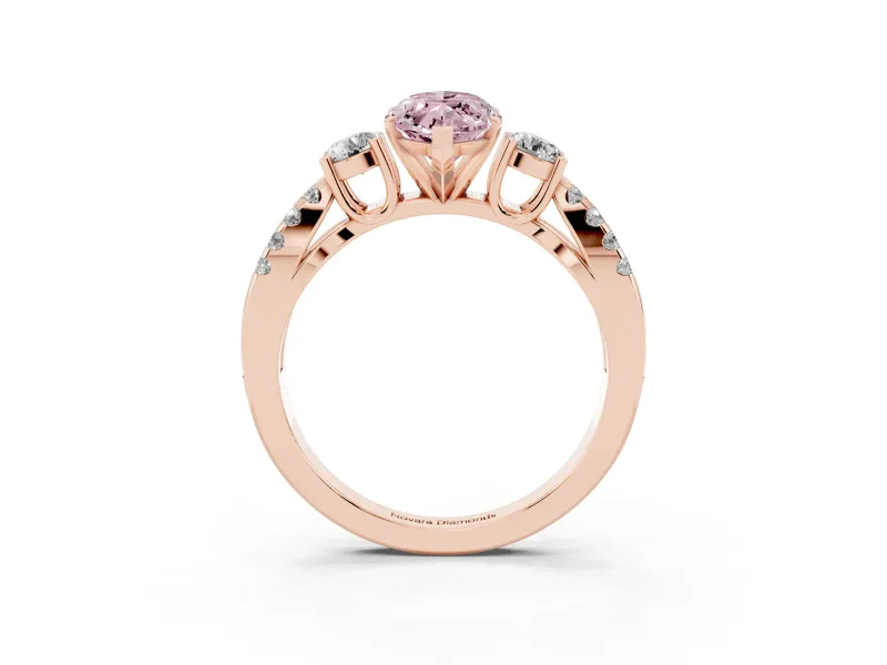 Fancy Pink Marquise Cut Diamond Three-Stone Ring Set in Rose gold with Pavé Split Shank and Prong Setting