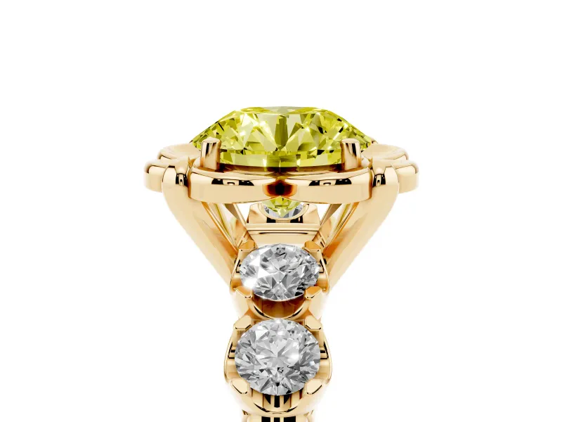 Round Floral Engagement Ring Setting for a Fancy Yellow Lab-Grown Diamond | Petal Frame and Side Stones | Yellow Gold