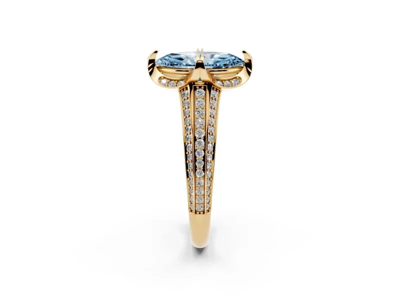 Marquise Hidden Halo Engagement Ring Setting for a Fancy Blue Lab-Grown Diamond | Triple Row Pavé Band | Yellow Gold