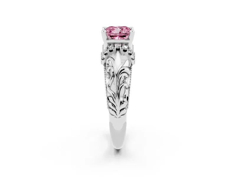 Fancy Pink Cushion Cut Diamond Filigree Halo Engagement Ring Set in White gold with Prong Setting