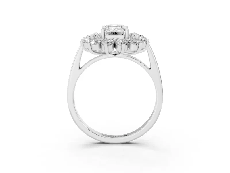Emerald Cut Floral Double Halo Engagement Ring Setting | Plain Band | Sterling Silver