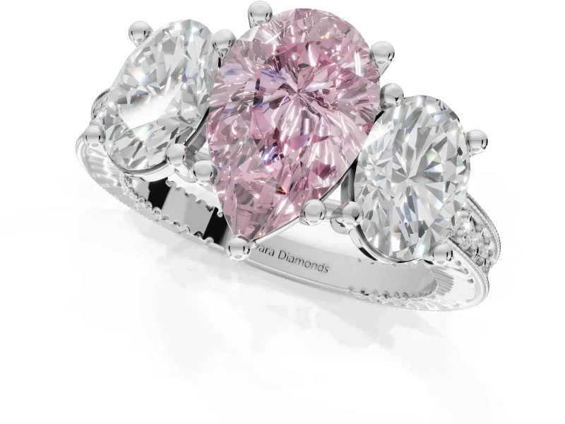 Pear-Shaped Vintage Three Stone Engagement Ring Setting for a Fancy Pink Lab-Grown Diamond | Sterling Silver