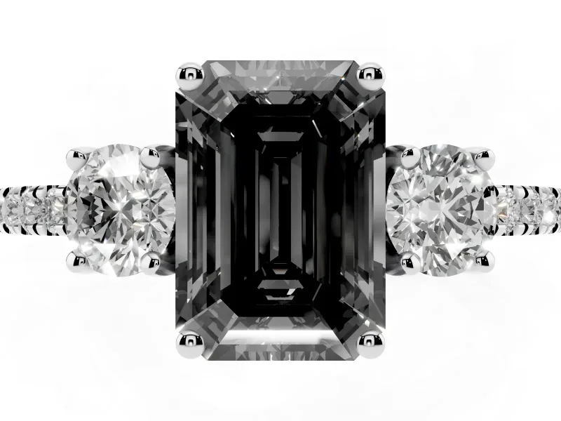 Emerald Cut Three Stone Engagement Ring Setting for a Black Center | Pavé Shoulders | Platinum