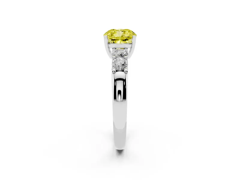 Fancy Yellow Cushion Cut Diamond Five-Stone Prong Set Engagement Ring Set in White gold with Channel Band