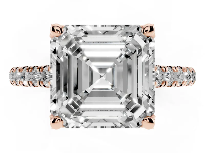 Asscher Cut Hidden Halo Pave Engagement Ring Setting | Claw Prongs | Rose Gold
