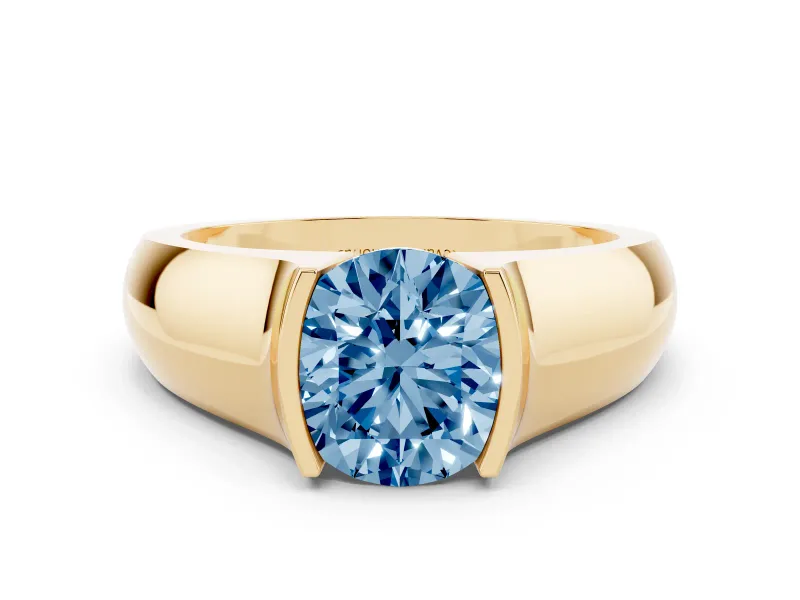 Fancy Blue Round Cut Diamond Bezel Solitaire Ring Set in Yellow gold with Wide Band