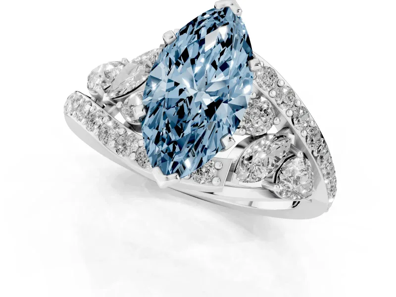 Fancy Blue Marquise Cut Diamond Halo Ring Set in White gold with Marquise and Pavé Band in Prong Setting