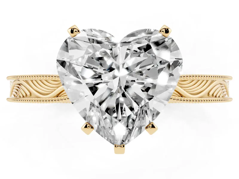 Heart Cut Diamond Solitaire Milgrain Engraved Band Set in Yellow gold with Prong Setting