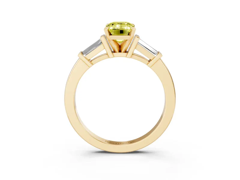 Fancy Yellow Emerald Cut Diamond Solitaire Ring Set in Yellow gold with Tapered Baguette Accents and Prong Setting